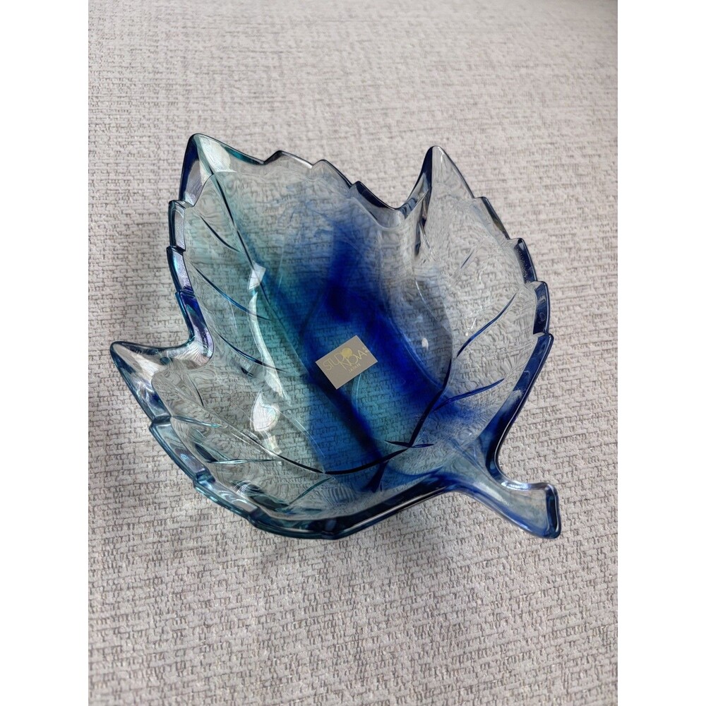 Studio Nova Gallery Art Glass Leaf Bowl w/Fused Blue Glass Stem 6 1/2"